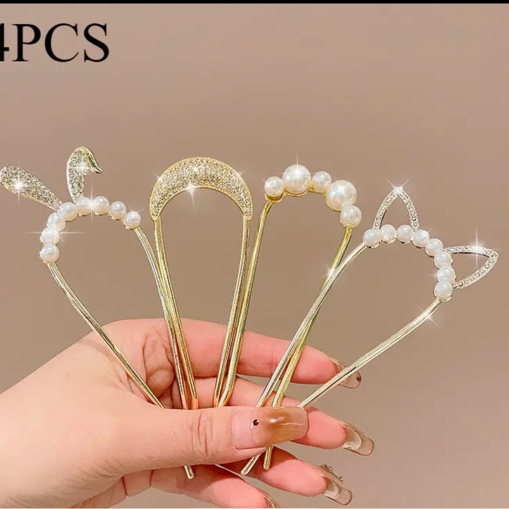 Elegant Gold and Pearl Hairpin Set of 4